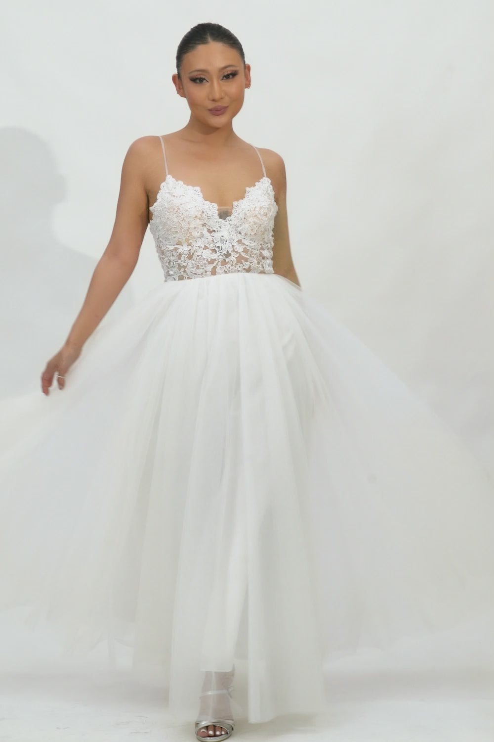 Lace White Tulle Spaghetti Straps A Line Tea Length Graduation Dress